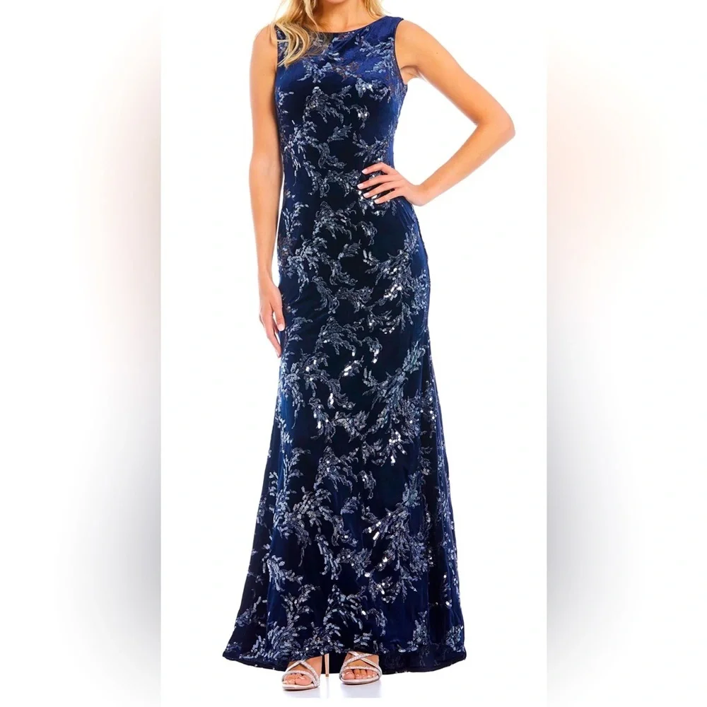 ELIZA J Sequin Embellished Evening Gown Navy Size 4 Mermaid Sequins Velour - Picture 2 of 15